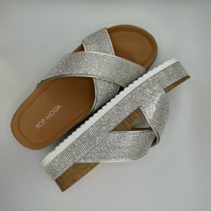 Silver Rhinestone Crisscross Platform Slides